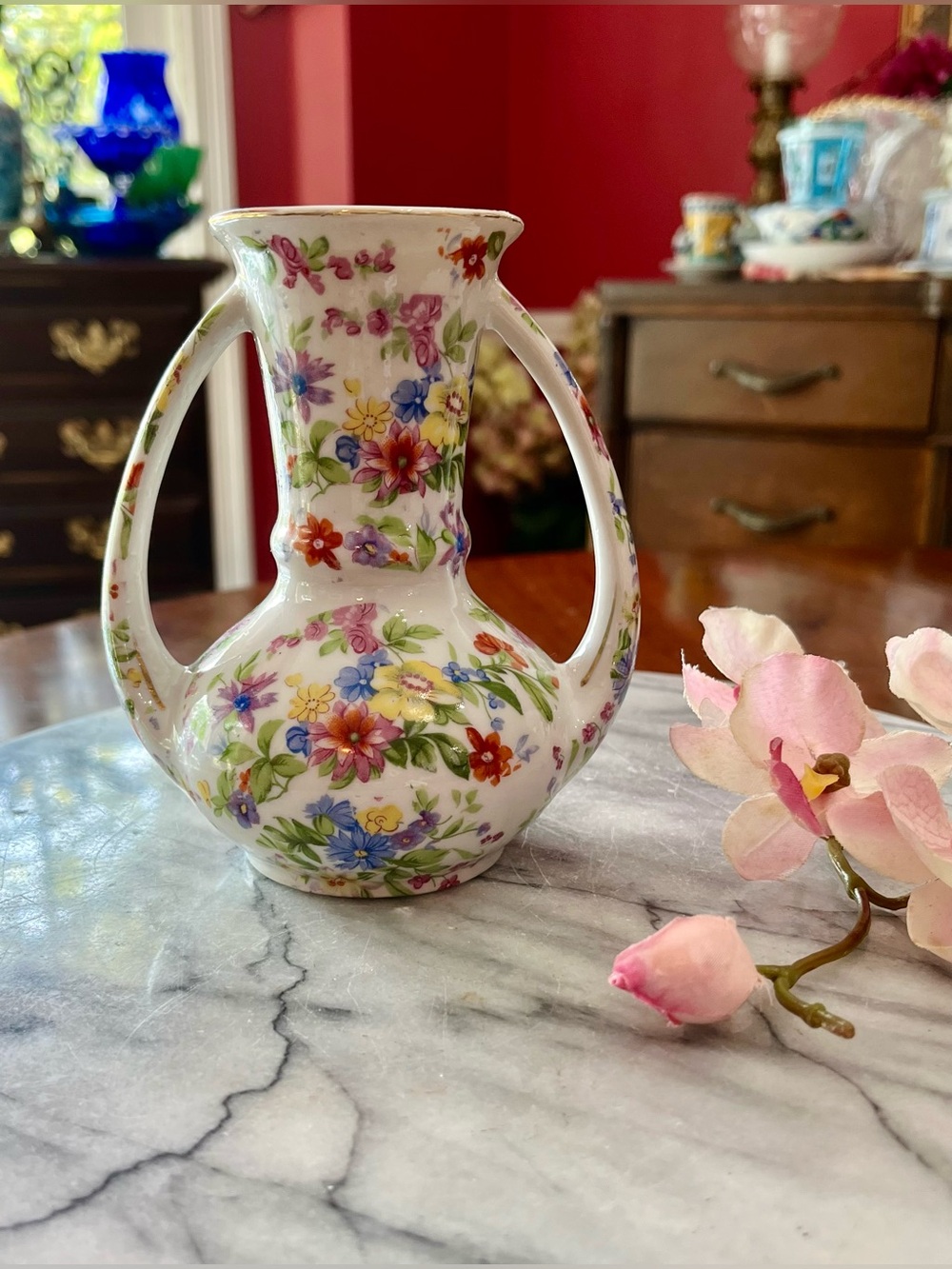 Vintage Gold Castle Japanese Chintz Floral Porcelain Vase Double Handle 5-1/8”